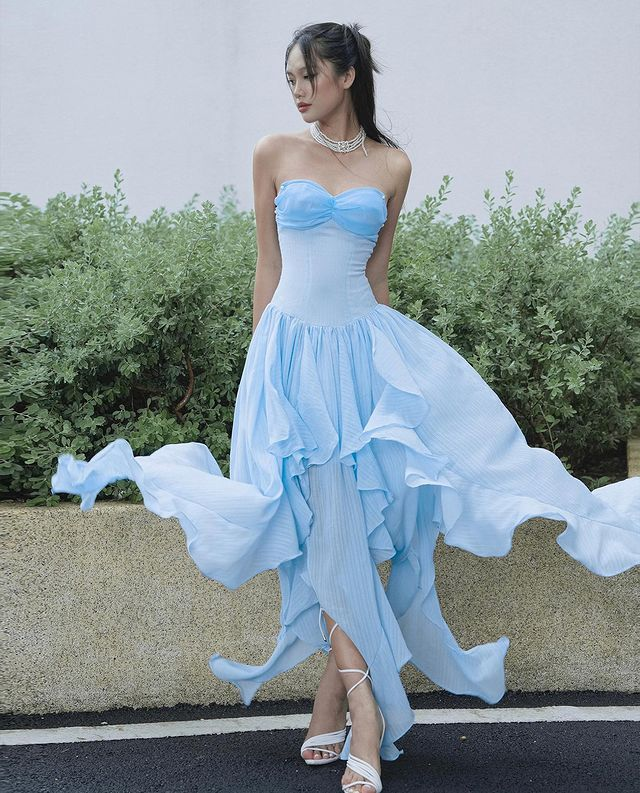 Fairy Blue Strapless Irregular Chiffon Prom Dress Long Evening Dress