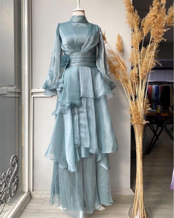 Modest A-line Tiered Prom Dress,Muslim Dress