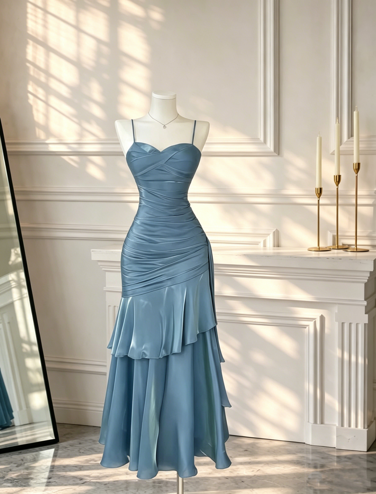 Classy Spaghetti Straps Satin Pleated Mermaid Long Party Dress Blue Birthday Dress Prom Gowns D2564
