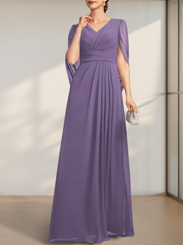 A-line V-Neck Floor-Length Chiffon Mother of the Bride Dress With Pleated - View 13 | FashionDia