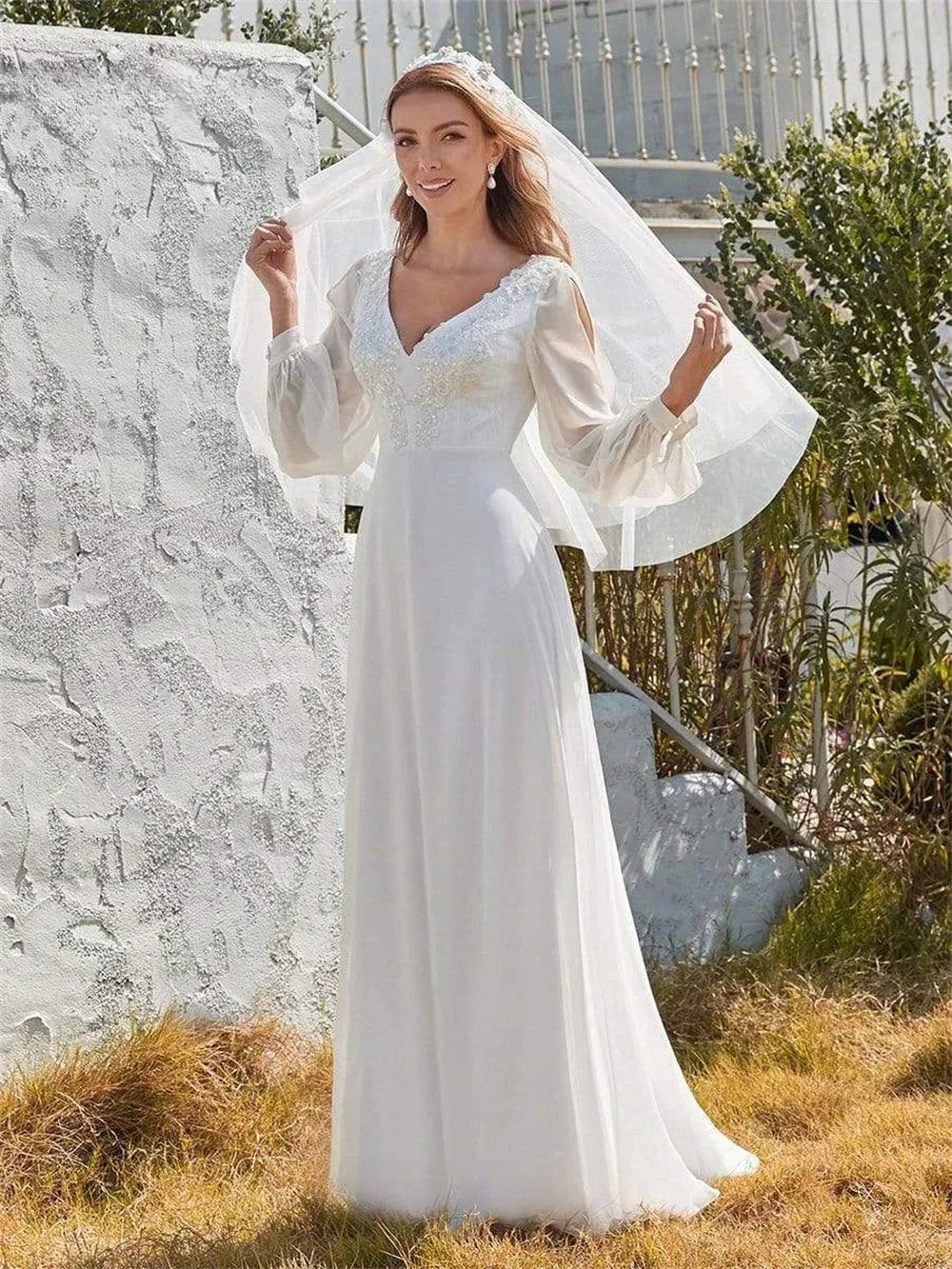 Classic Appliques 3D Flower Wedding Dress Simple Deep V-neck Long Sleeve Bridal Gown Beach Vestidos De Novia by payinti