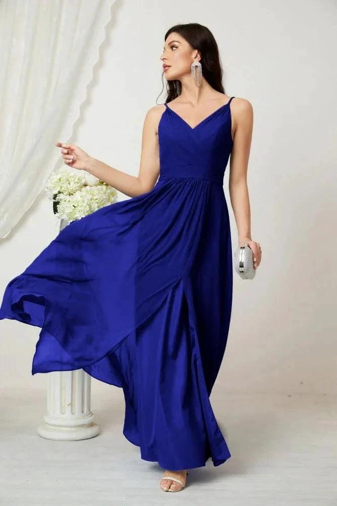 Numbersea Chiffon V-Neck Bridesmaid Dress Spaghetti Strap Long Formal Party Prom Gowns with Slit 28010 by numbersea