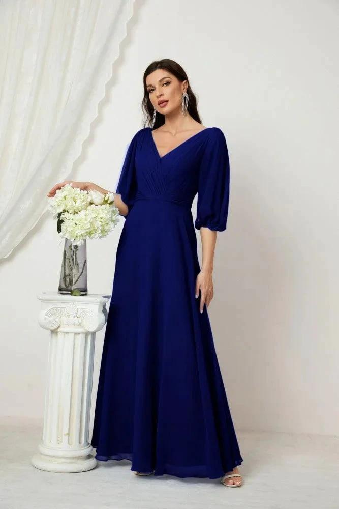 Numbersea Formal Prom Gown Women V-Neck Chiffon Bridesmaid Dresses Long Bishop Sleeve Party Dress 2807 by numbersea