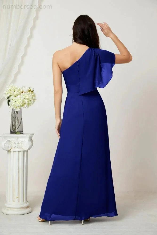 ZapDress Chiffon Ruffled One Shoulder Long Bridesmaid Dresses A-line Formal Evening Gown Side Split 2809 (ZD17049)