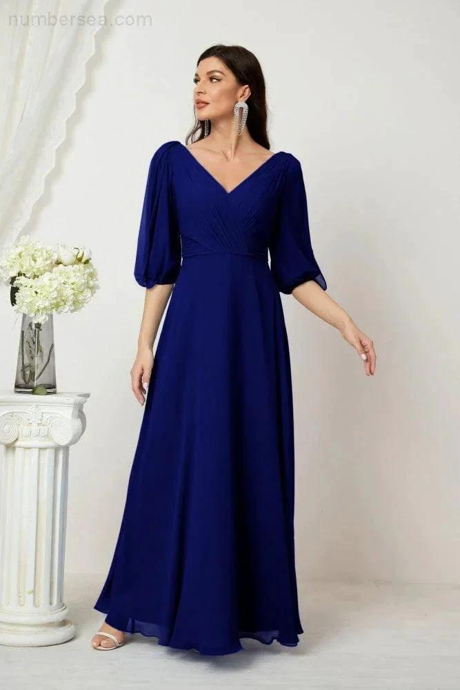 ZapDress Formal Prom Gown Women V-Neck Chiffon Bridesmaid Dresses Long Bishop Sleeve Party Dress 2807 (ZD17027)