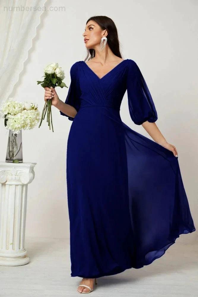 ZapDress Formal Prom Gown Women V-Neck Chiffon Bridesmaid Dresses Long Bishop Sleeve Party Dress 2807 (ZD17027)