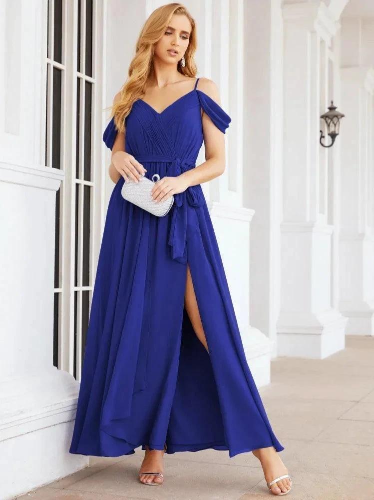 Numbersea Off The Shoulder Chiffon Bridesmaid Dress Long Formal Graduation Gown with Cowl Back 28069 by numbersea