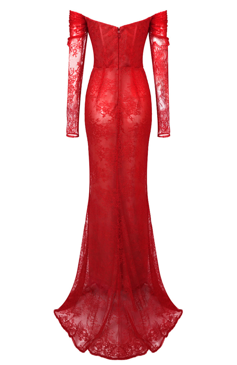 Sexy Red Off-the-Shoulder Lace Mermaid Evening Dress Formal Party Prom Dress - View 3 | FashionDia