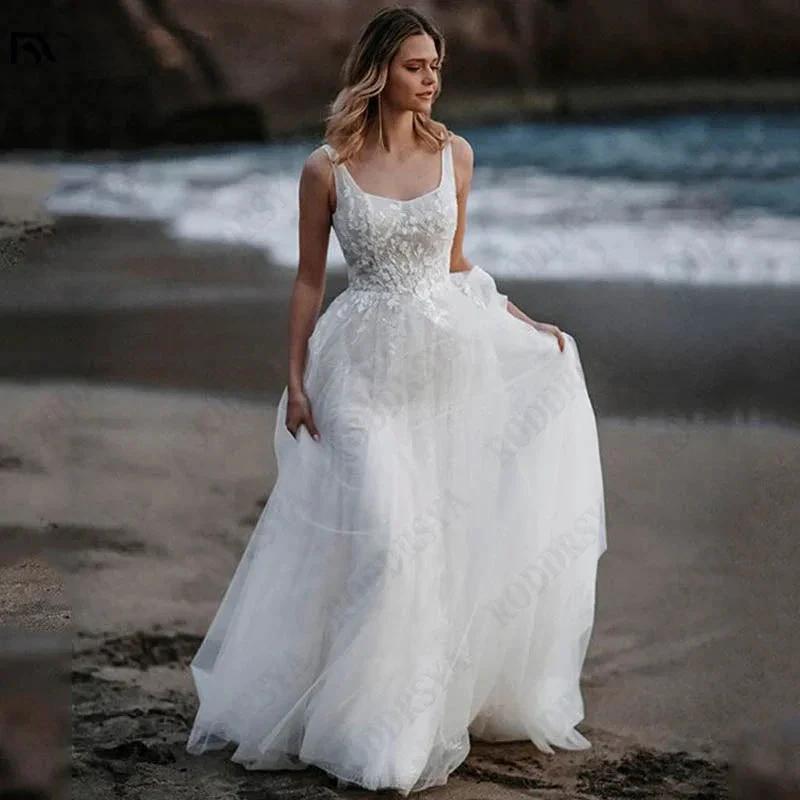 Sleeveless Appliques A-Line Bridal Gowns Backless Square Collar Wedding Dresses Spagehtti Straps Tulle Vestido De Novia (ZD13411)