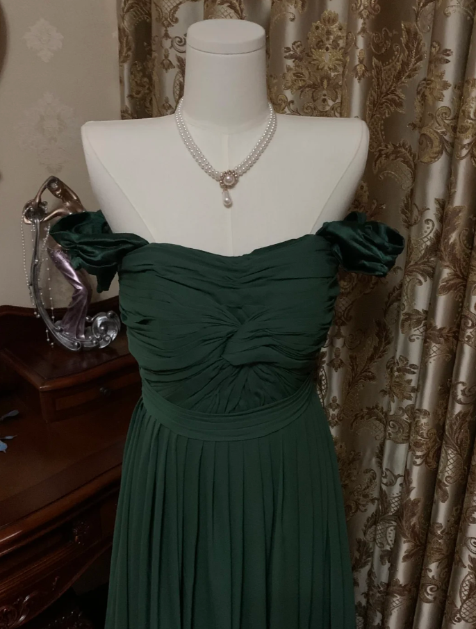 Vintage Green Off-the-Shoulder Satin Pleated Long Wedding Guest Dress Party Dress Prom Gown - View 5 | FashionDia