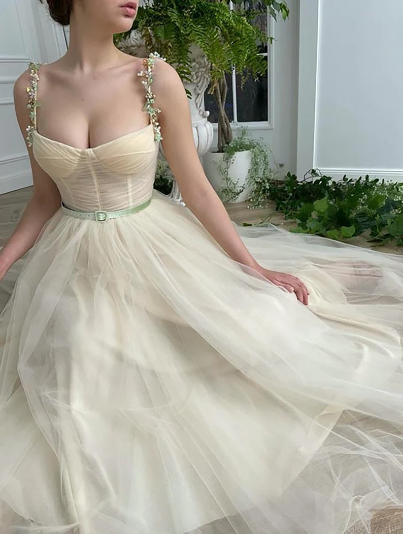 Beige Fairy Tulle Prom Dress Beads Straps Fairy Prom Gown, Handmade Tea-Length A-Line Tulle Ball Gown Wedding Dress - FashionDia