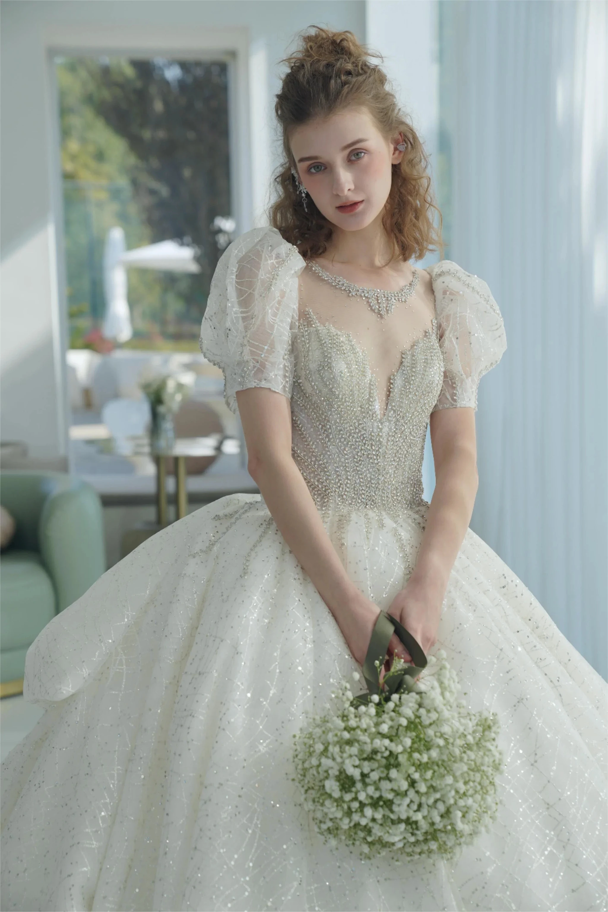 Glittering Ball Gown Deep V-Neck Tulle Wedding Dress with Beaded Embroidery & Puff Sleeves 6021-1 (ZD16920) - VelvetHem