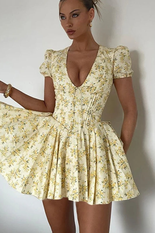 Ruffled V-Neck Floral Dress - View 5 | FashionDia