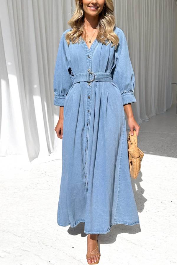 Sara Effortless Casual Denim Maxi Dress with Button Placket and Waist Premium Wardrobe Essential
