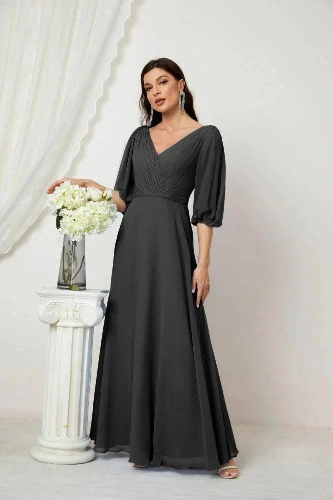 Numbersea Formal Prom Gown Women V-Neck Chiffon Bridesmaid Dresses Long Bishop Sleeve Party Dress 2807 by numbersea