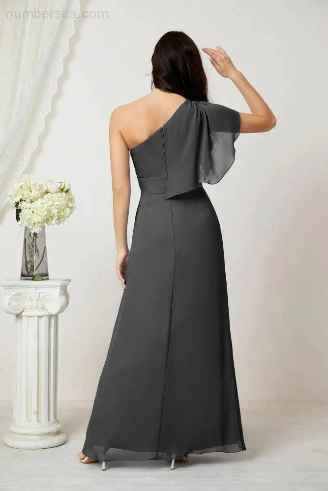 ZapDress Chiffon Ruffled One Shoulder Long Bridesmaid Dresses A-line Formal Evening Gown Side Split 2809 (ZD17049)