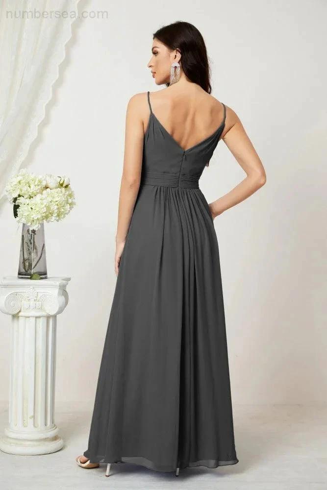 ZapDress Chiffon V-Neck Bridesmaid Dress Spaghetti Strap Long Formal Party Prom Gowns with Slit 28010 (ZD17028)