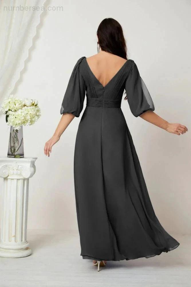ZapDress Formal Prom Gown Women V-Neck Chiffon Bridesmaid Dresses Long Bishop Sleeve Party Dress 2807 (ZD17027)