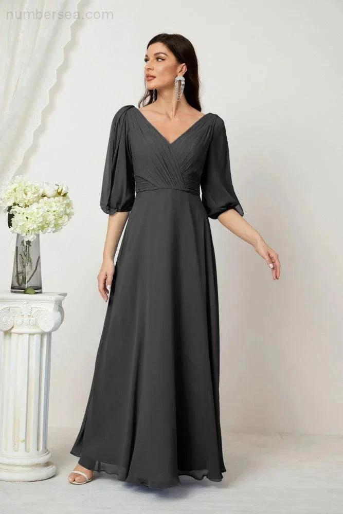 ZapDress Formal Prom Gown Women V-Neck Chiffon Bridesmaid Dresses Long Bishop Sleeve Party Dress 2807 (ZD17027)
