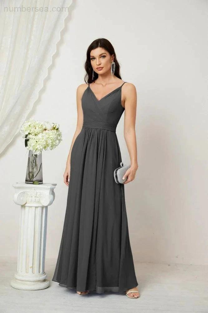 ZapDress Chiffon V-Neck Bridesmaid Dress Spaghetti Strap Long Formal Party Prom Gowns with Slit 28010 (ZD17028)