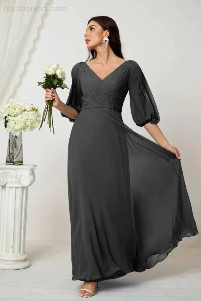 ZapDress Formal Prom Gown Women V-Neck Chiffon Bridesmaid Dresses Long Bishop Sleeve Party Dress 2807 (ZD17027)