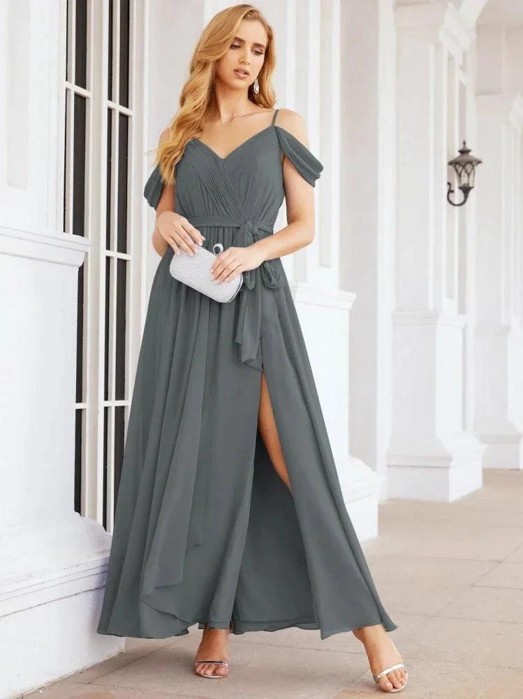 Numbersea Off The Shoulder Chiffon Bridesmaid Dress Long Formal Graduation Gown with Cowl Back 28069 by numbersea