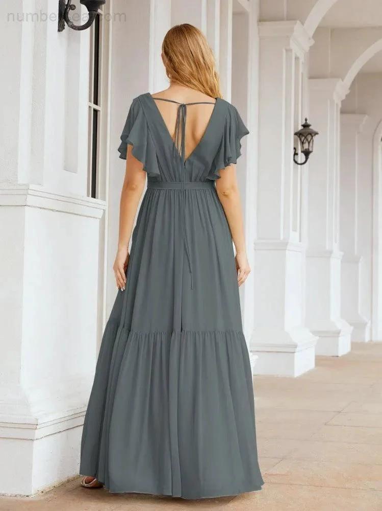 ZapDress Women's Open Back Formal Evening Party Prom Gowns V-Neck Long Chiffon Bridesmaid Dresses with Waist Belt 28038 (ZD17000)