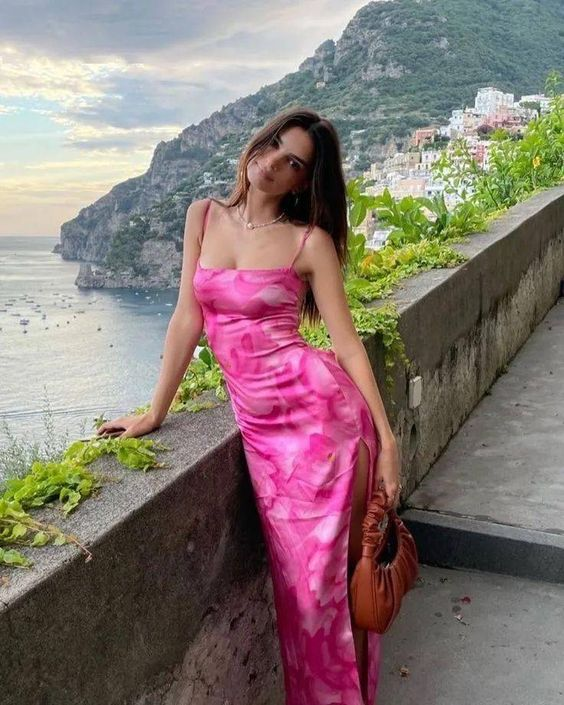 Pink Print Spaghetti Straps Long Evening Dress Party Gown