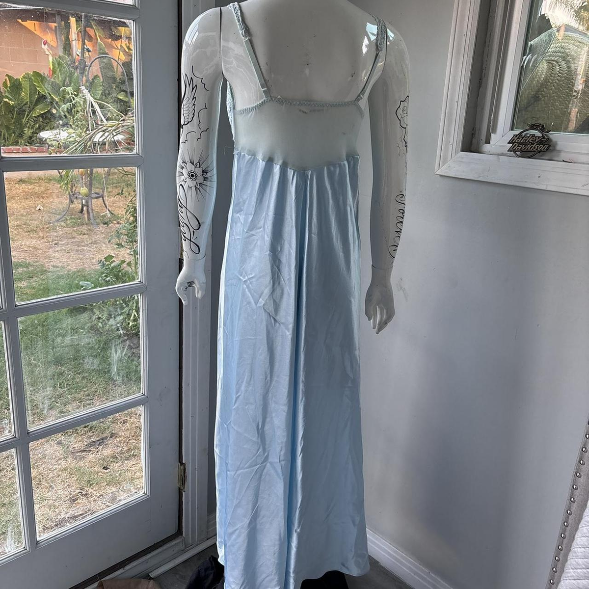 A-Line Spaghetti Straps Light Sky Blue Lace Long Prom & Evening Dress - View 4 | FashionDia