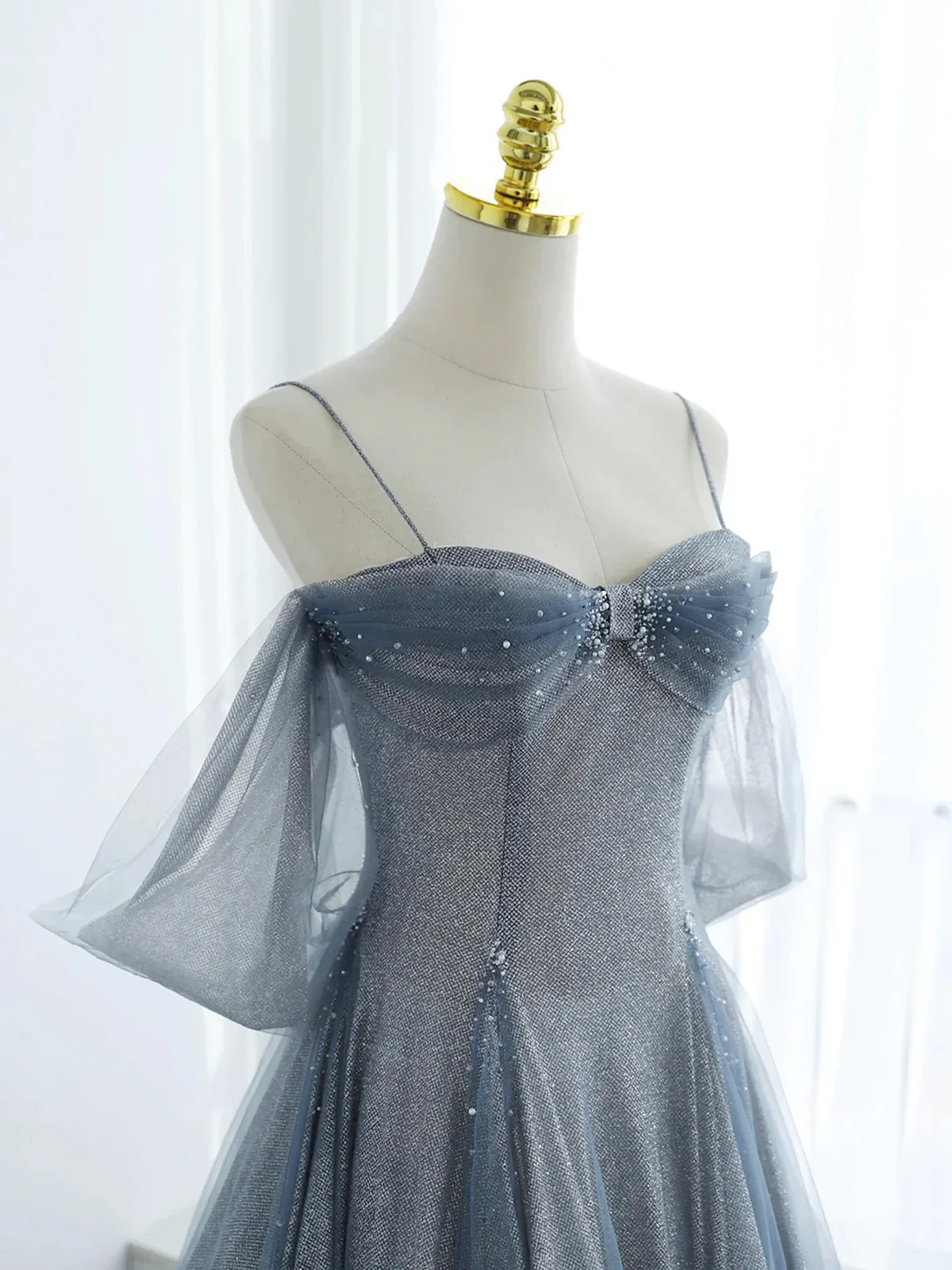 Glitter Blue Tulle A-Line Evening Dress, Blue Off-the-Shoulder Prom Dress with Puff Sleeves - View 3 | FashionDia