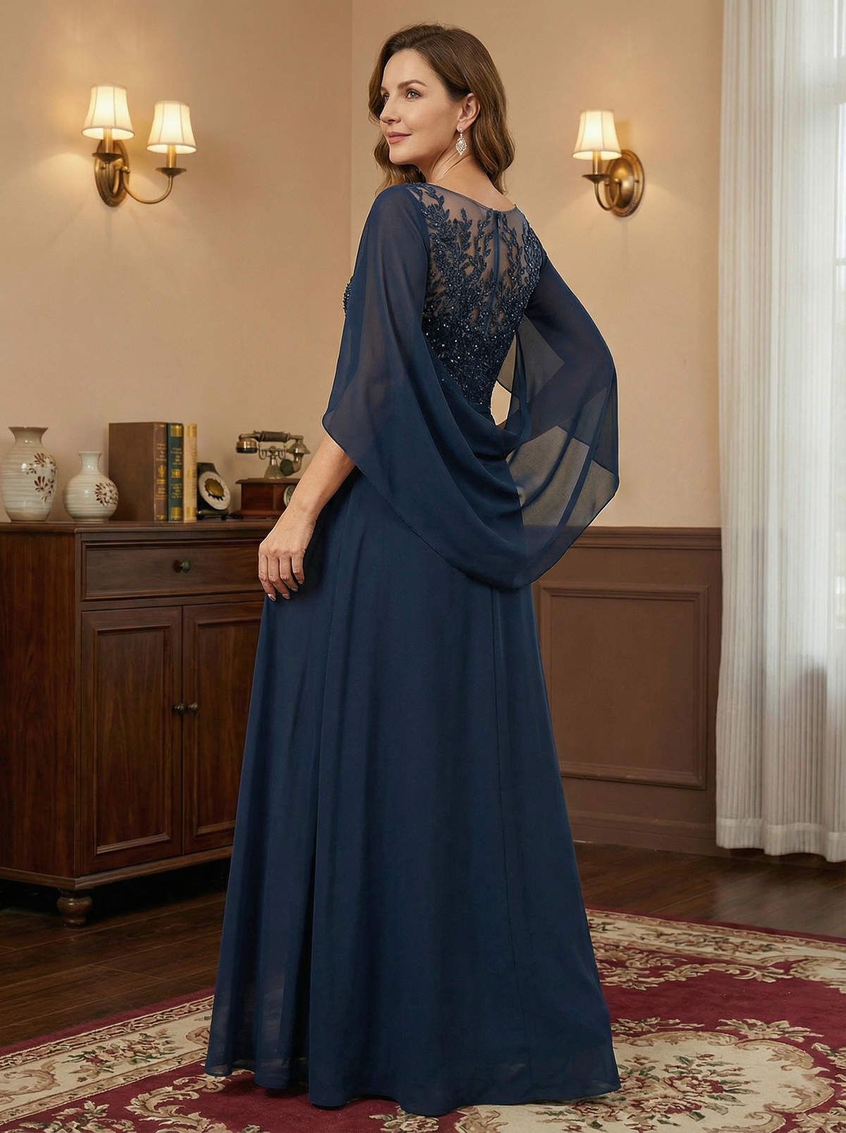 A-Line/Princess Scoop Floor-Length Mother of the Bride Dresses with Pleated & Sequins - View 3 | FashionDia