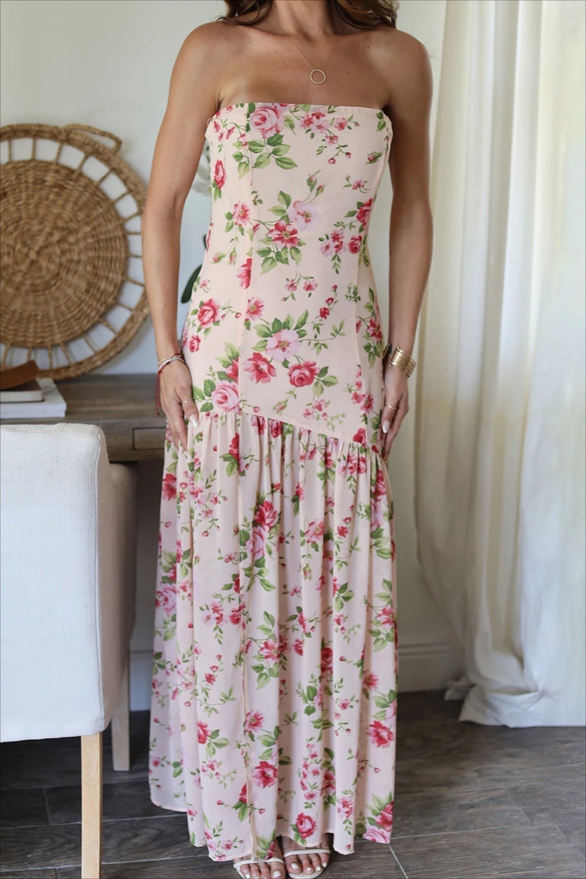 Off-the-Shoulder Ruffle High-Low Hem Floral Dress - View 2 | FashionDia