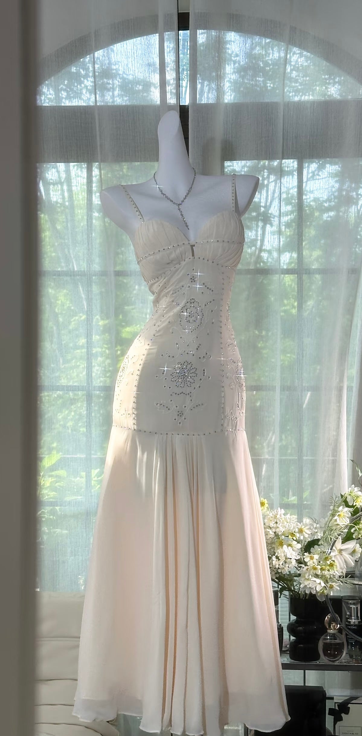 Spaghetti Straps Beige Mermaid Prom Dress Beaded Evening Dress J7716