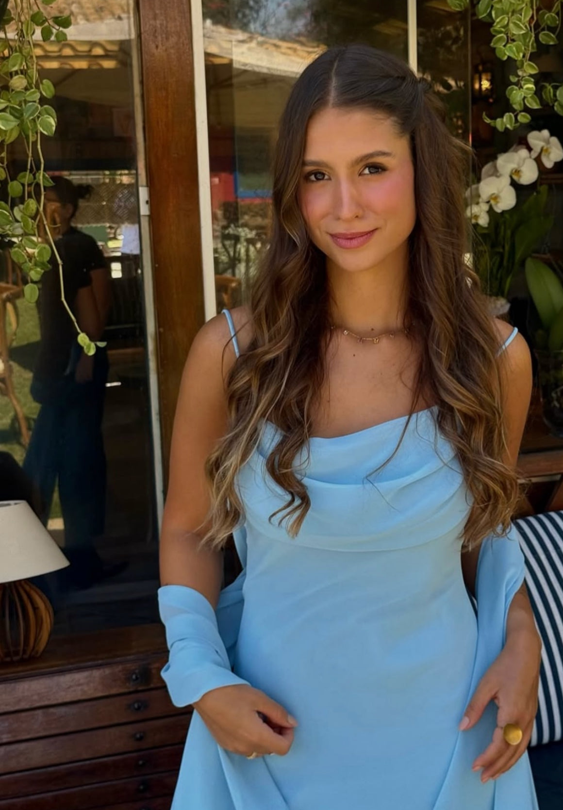 Spaghetti Straps Blue Chiffon Long Prom Dress Wedding Guest Dress J7968