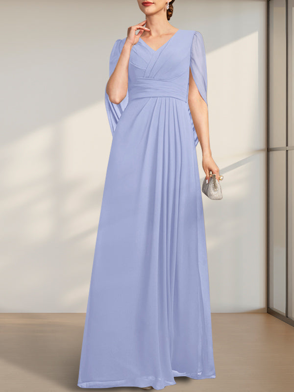 A-line V-Neck Floor-Length Chiffon Mother of the Bride Dress With Pleated - View 14 | FashionDia