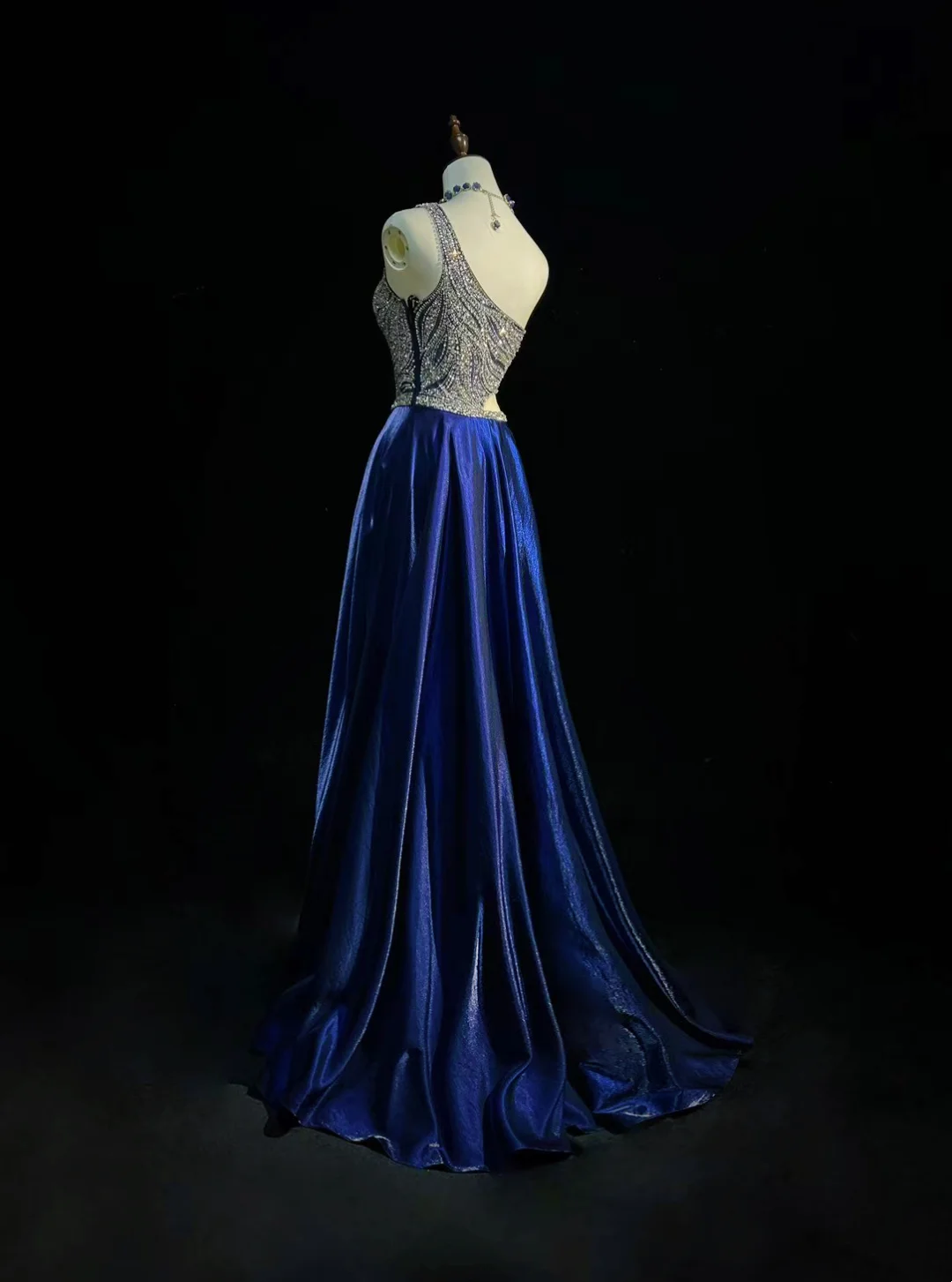 One Shoulder Royal Blue Prom Party Dress Beads Evening Gowns - View 2 | VelvetHem