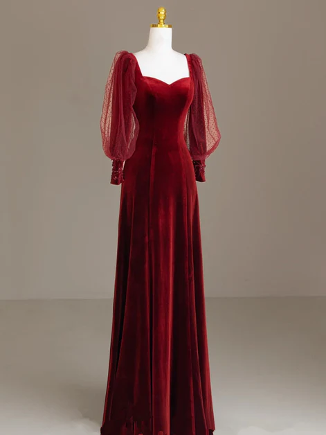 Elegant Burgundy Velvet Long Prom Dress, Puffy Sleeves Wedding Party Dress - FashionDia