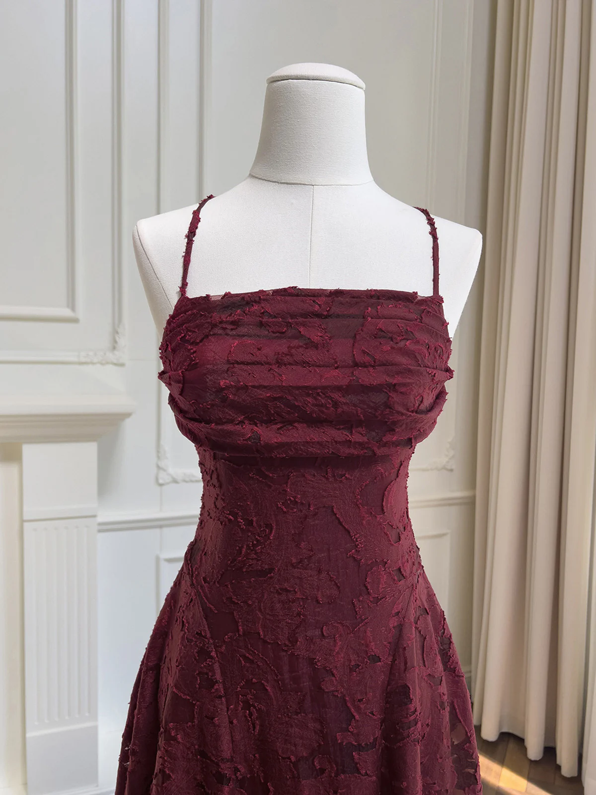 Wine Red Lace Cross Back Party Dress Prom Dress, Wine Red A-line Evening Dress - View 2 | FashionDia