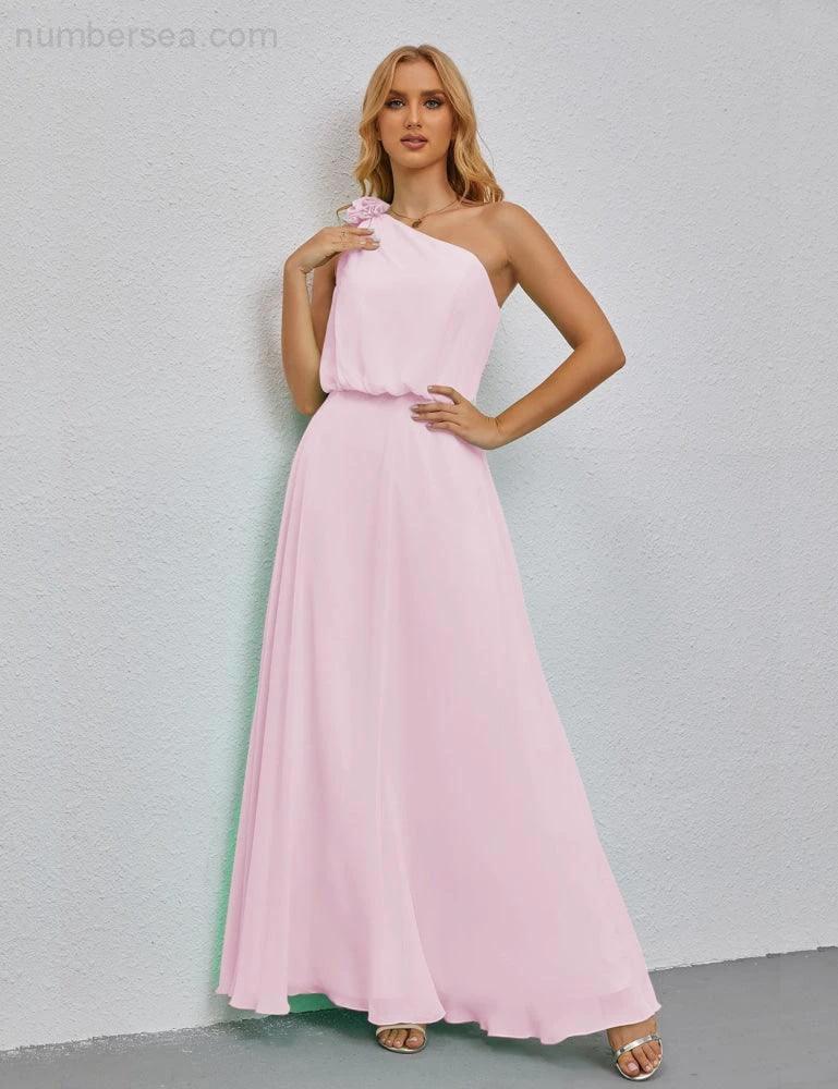 Ruffled One Shoulder Sleeveless Long Bridesmaid Dresses A-line Formal Evening Gown Side Split 28080 (ZD17018)