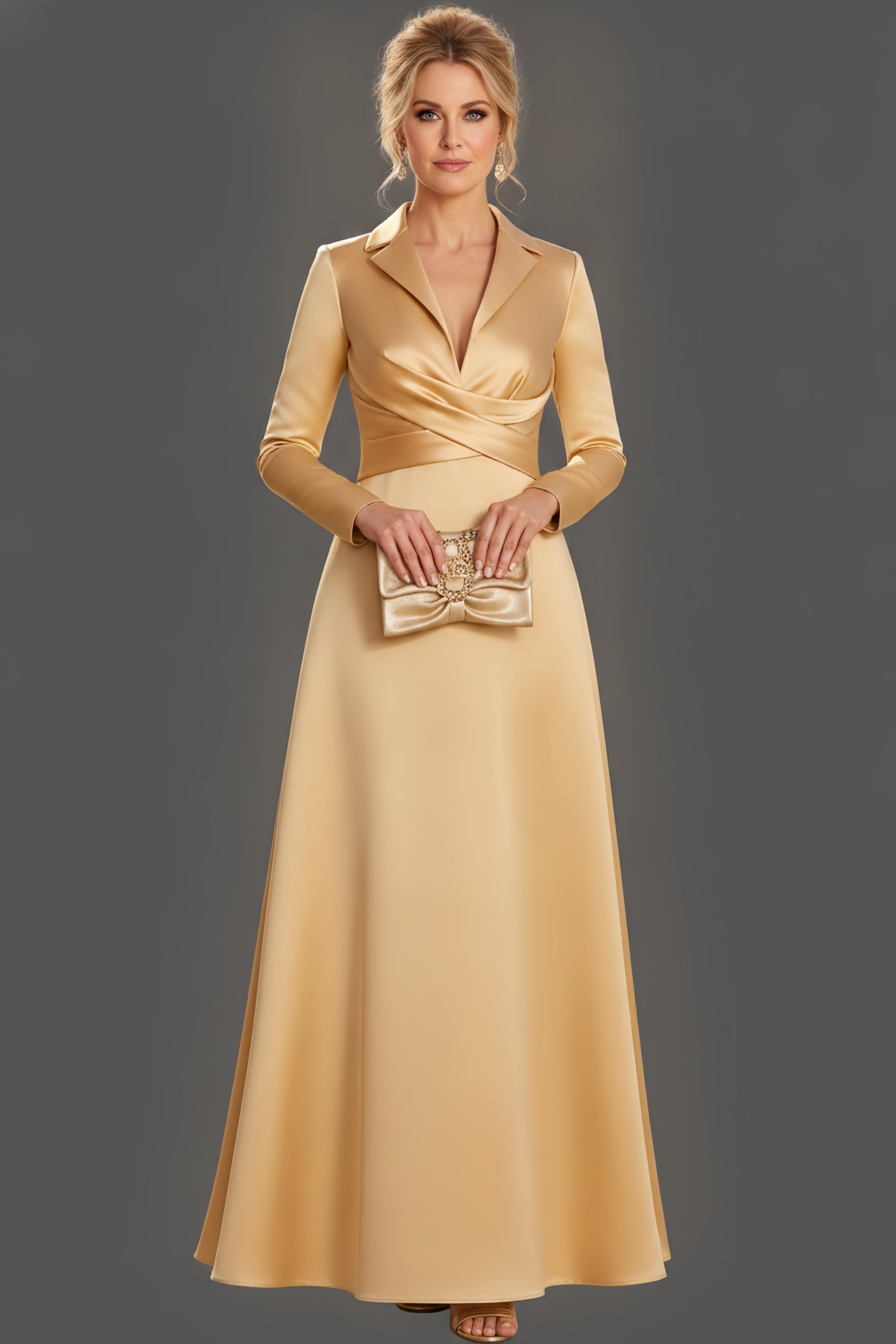 Sophisticated V-Neck Lapel Long Sleeve A-Line Evening Gown