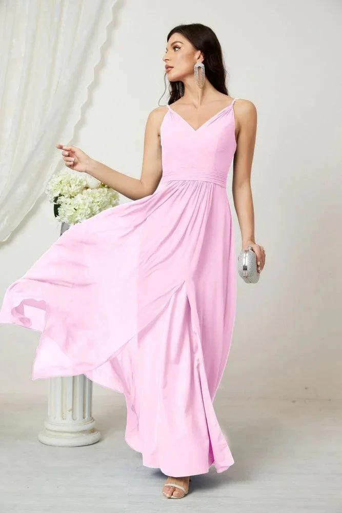 Numbersea Chiffon V-Neck Bridesmaid Dress Spaghetti Strap Long Formal Party Prom Gowns with Slit 28010 by numbersea