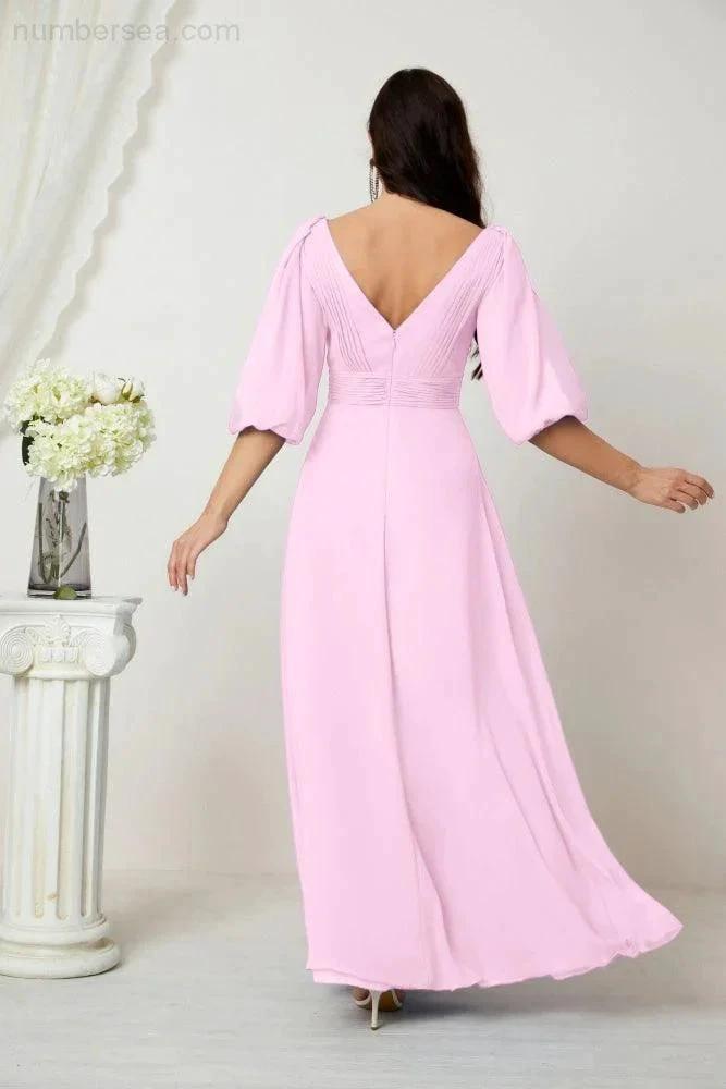 ZapDress Formal Prom Gown Women V-Neck Chiffon Bridesmaid Dresses Long Bishop Sleeve Party Dress 2807 (ZD17027)