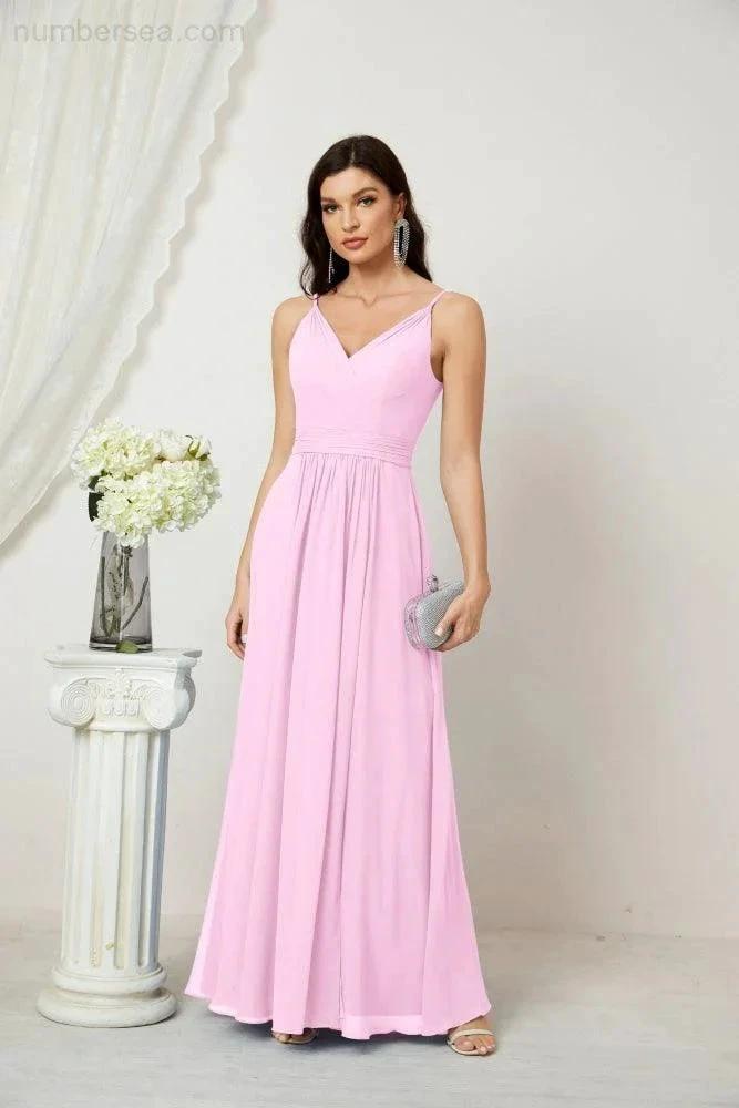 ZapDress Chiffon V-Neck Bridesmaid Dress Spaghetti Strap Long Formal Party Prom Gowns with Slit 28010 (ZD17028)