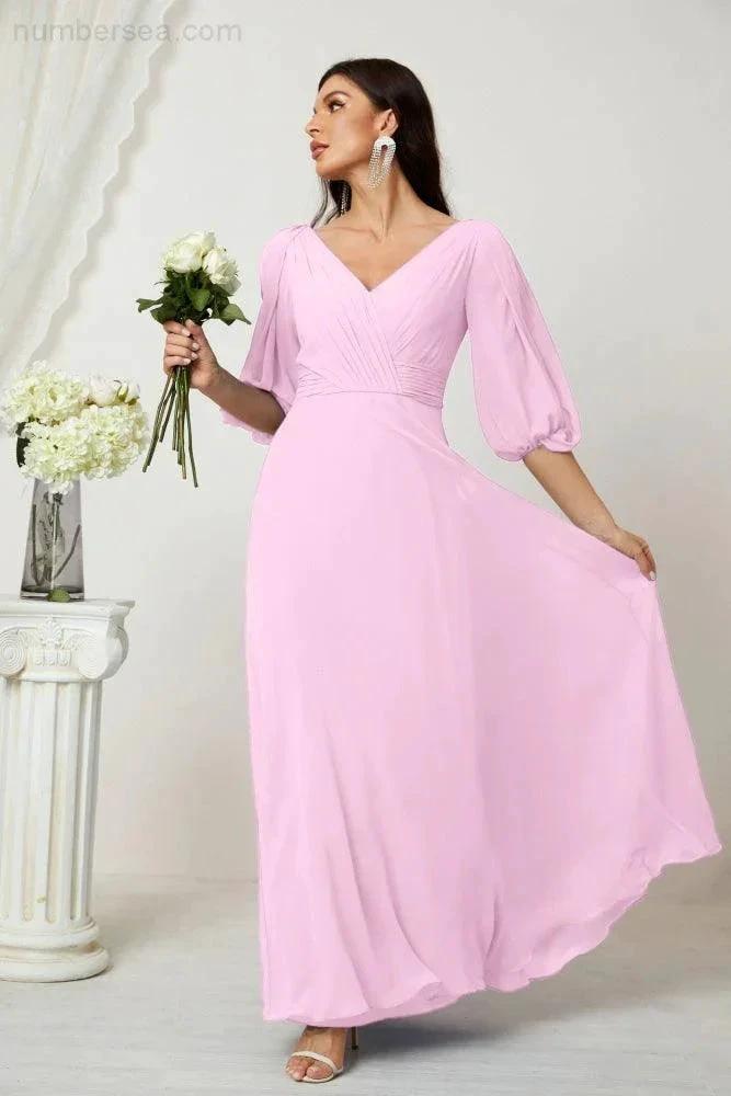 ZapDress Formal Prom Gown Women V-Neck Chiffon Bridesmaid Dresses Long Bishop Sleeve Party Dress 2807 (ZD17027)