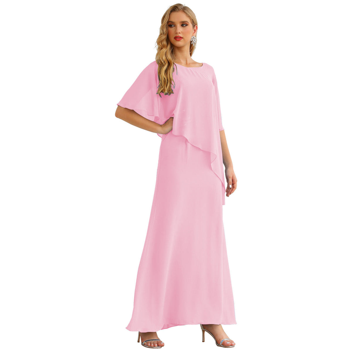 Sunnderly Chiffon Plus Size Mother of The Bride Dresses Formal Prom Gown Ruffle Cape