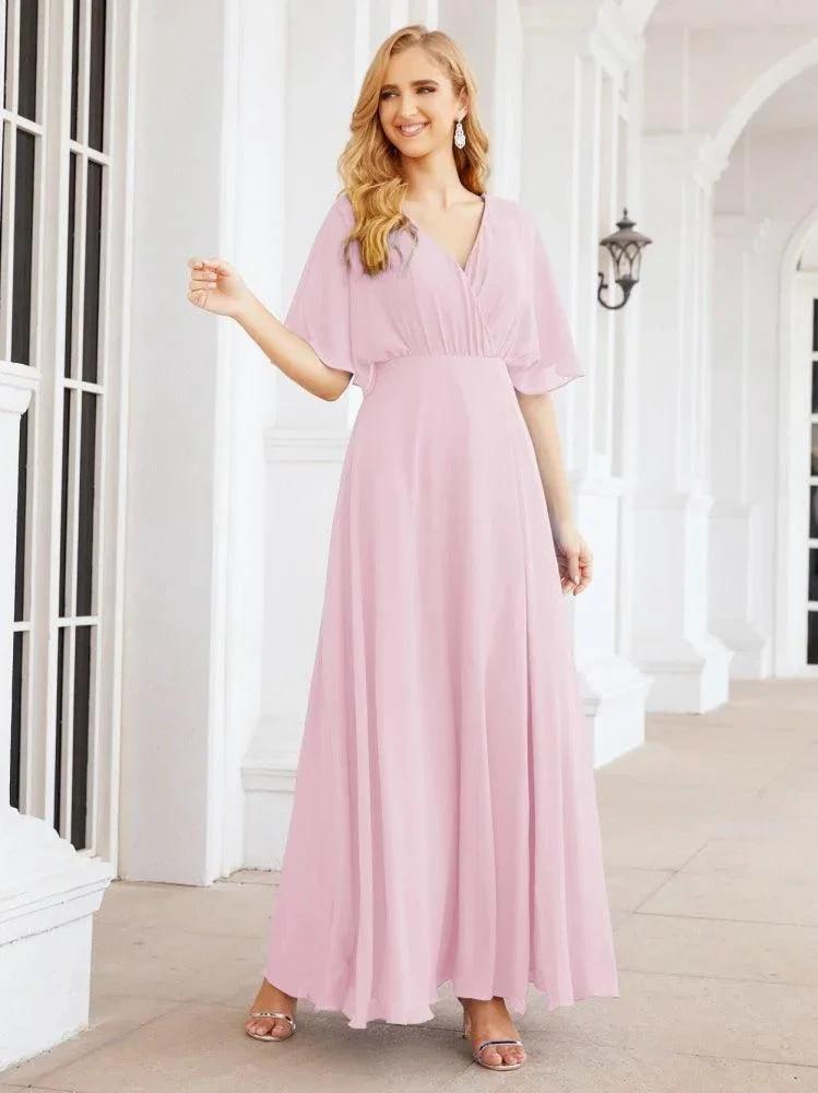 Numbersea V-Neck Bridesmaid Dress Chiffon Long Open Back Formal Dresses for Women Party Evening 28067 by numbersea