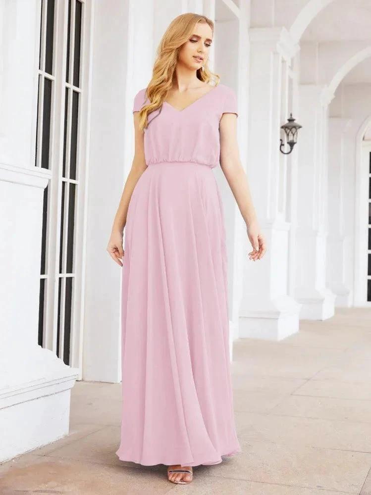 Numbersea V-Neck Bridesmaid Dresses Long Cap Sleeves Prom Evening Formal Gowns 28071 by numbersea