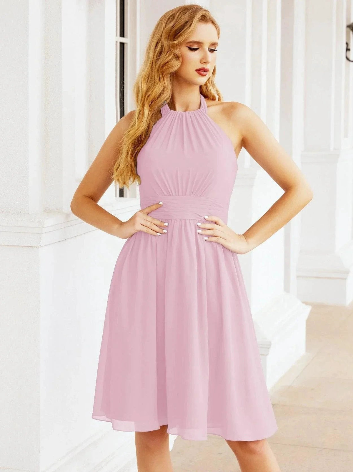 Numbersea Halter Chiffon Bridesmaid Dresses Short Sleeveless Formal Party Dress Open Back 28023 by numbersea