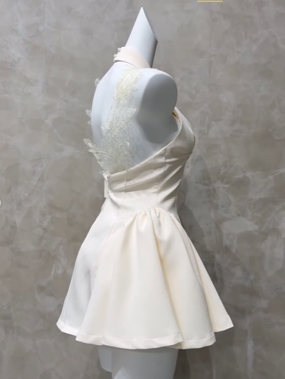 Elegant Off White Satin Lace A Line Short Party Dress Formal 8th Grade Homecoming Dress