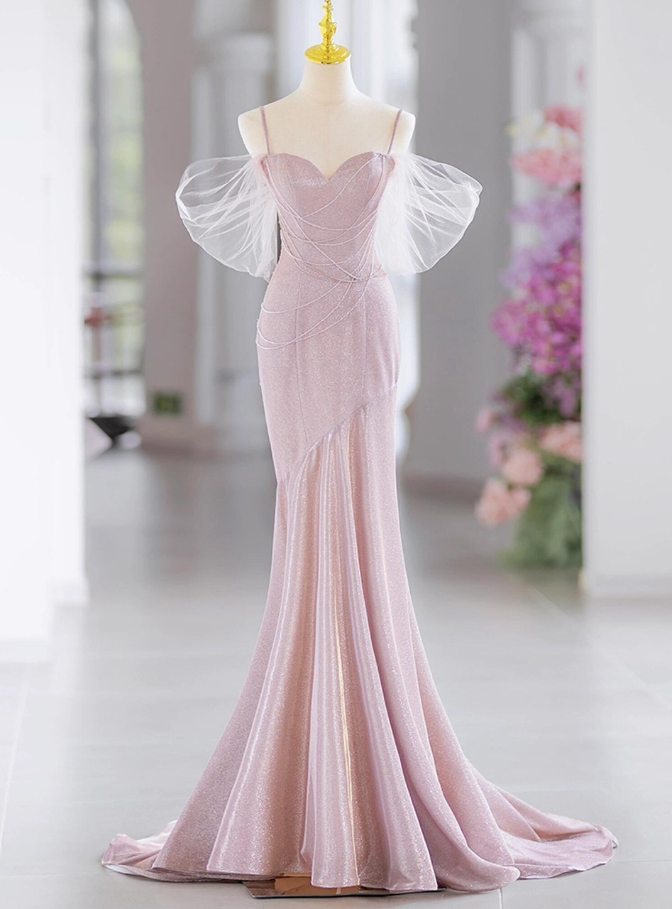 Elegant Pink Mermaid Spaghetti Straps Beading Prom Evening Dress Y7615 - VelvetHem